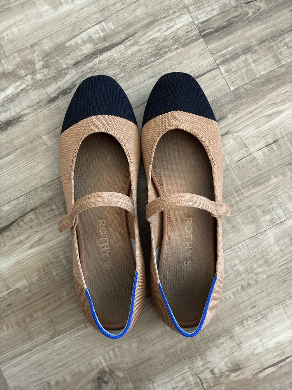 Rothy's Two-Tone Mary Jane Flat in Tan and Black with Blue Accent